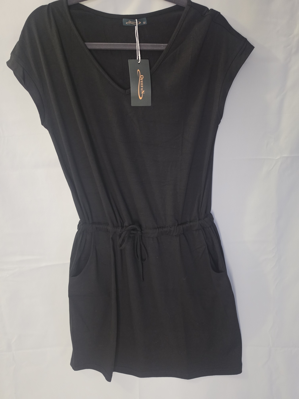 Women's Black V-Neck Drawstring Mini Dress
